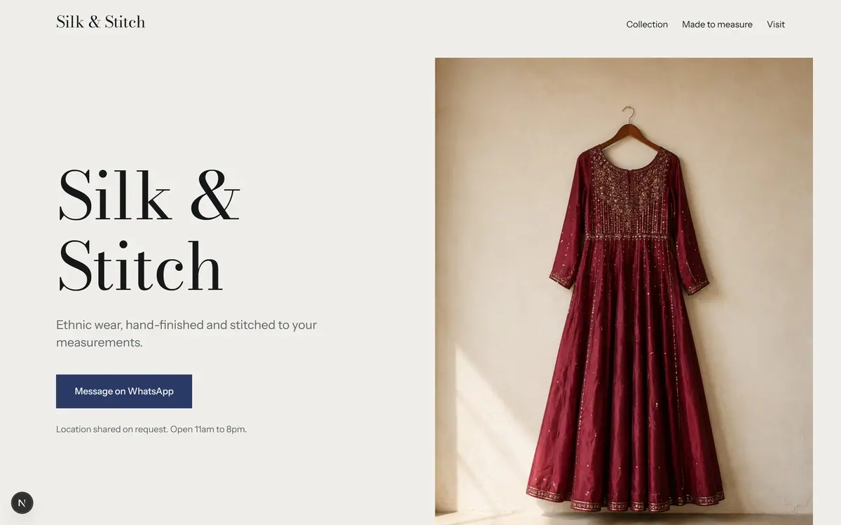 A boutique homepage design, with the shop name, what it makes and a message button.