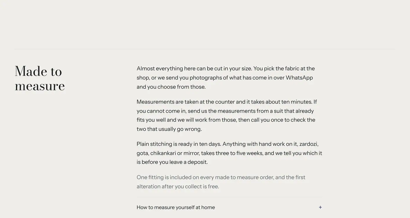 The made-to-measure section, explaining where measurements are taken, what plain stitching and hand work each take, and what a fitting includes.