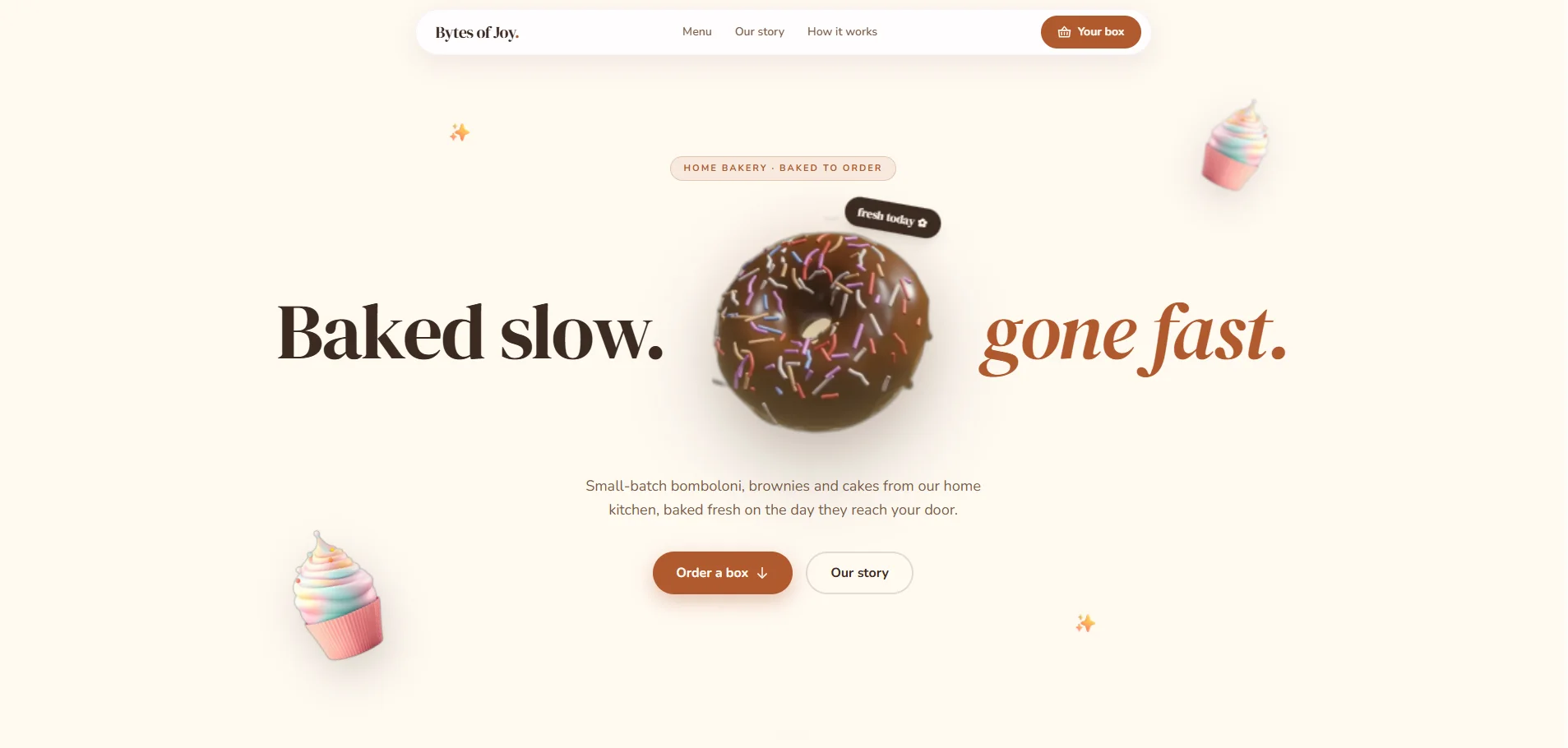 The Bytes of Joy home page, with the bakery name, a baked to order line and an order button.