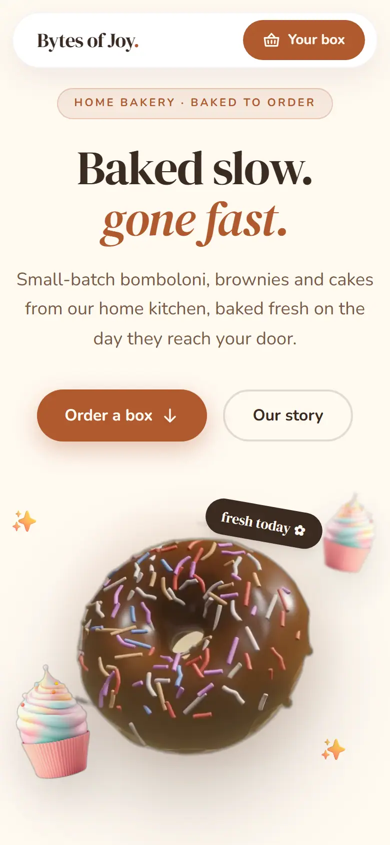 A bakery home page on a phone, with the order button within thumb reach.