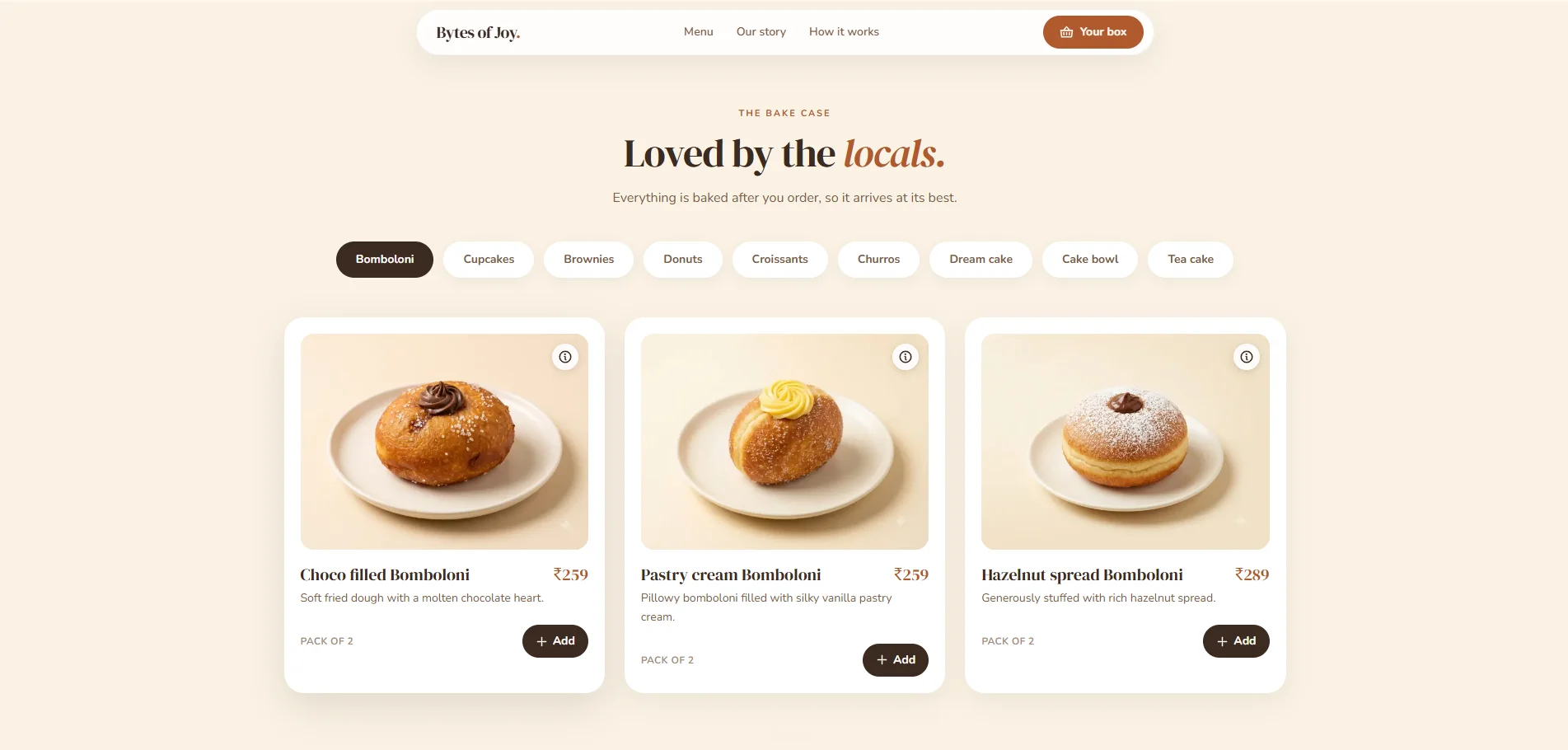 The Bytes of Joy menu, with category tabs and product cards for each bake.