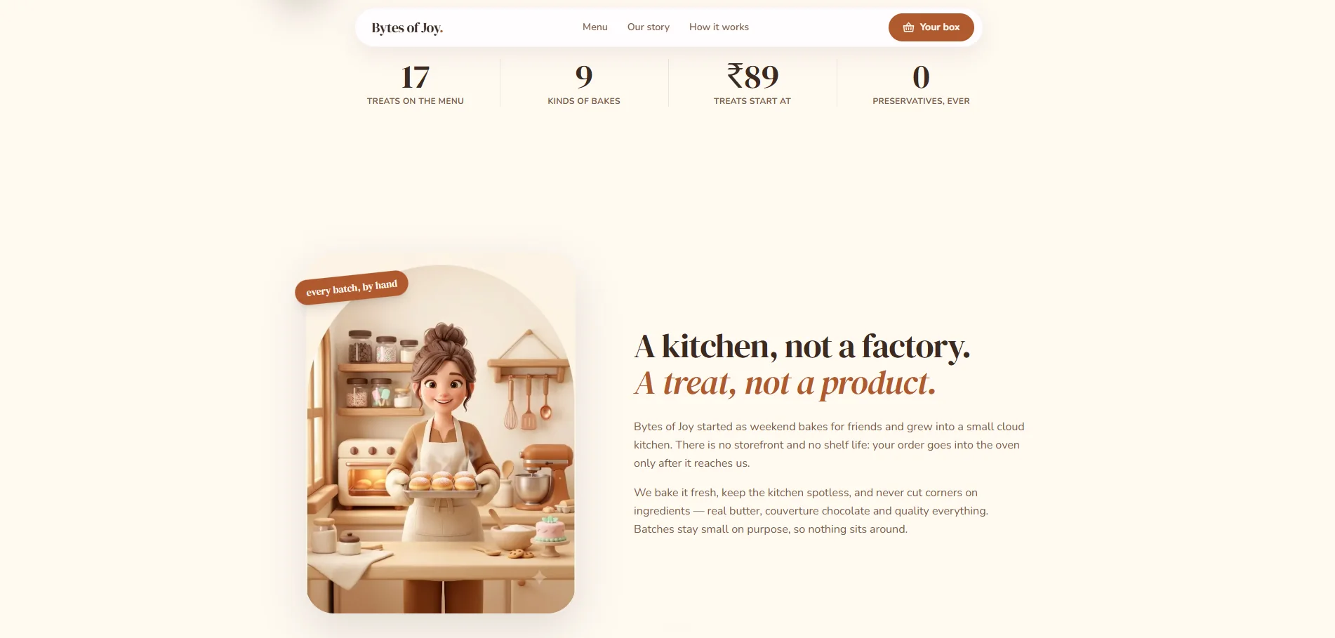 The Bytes of Joy story section, introducing the home kitchen behind each order.
