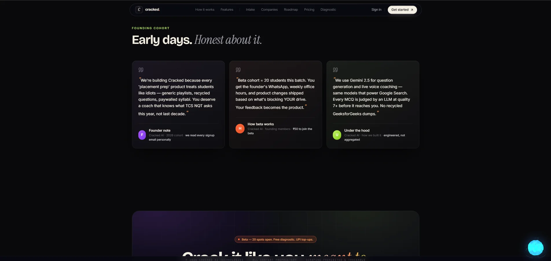 The Cracked AI founding cohort section, with early product notes and beta context.