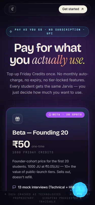 An app pricing screen on a phone, with credit top-ups and a founding tier.