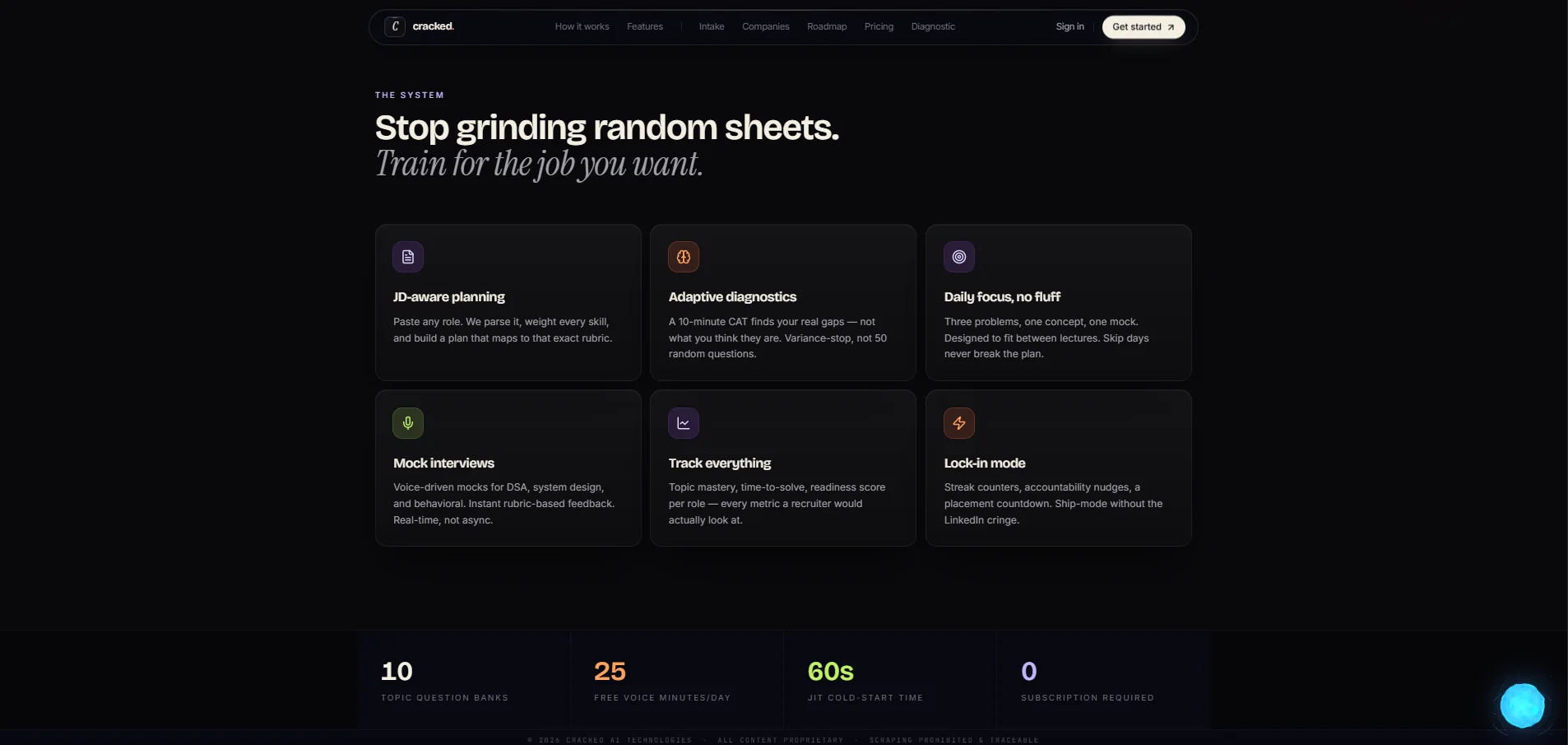 The Cracked AI system section, showing the adaptive preparation modules.