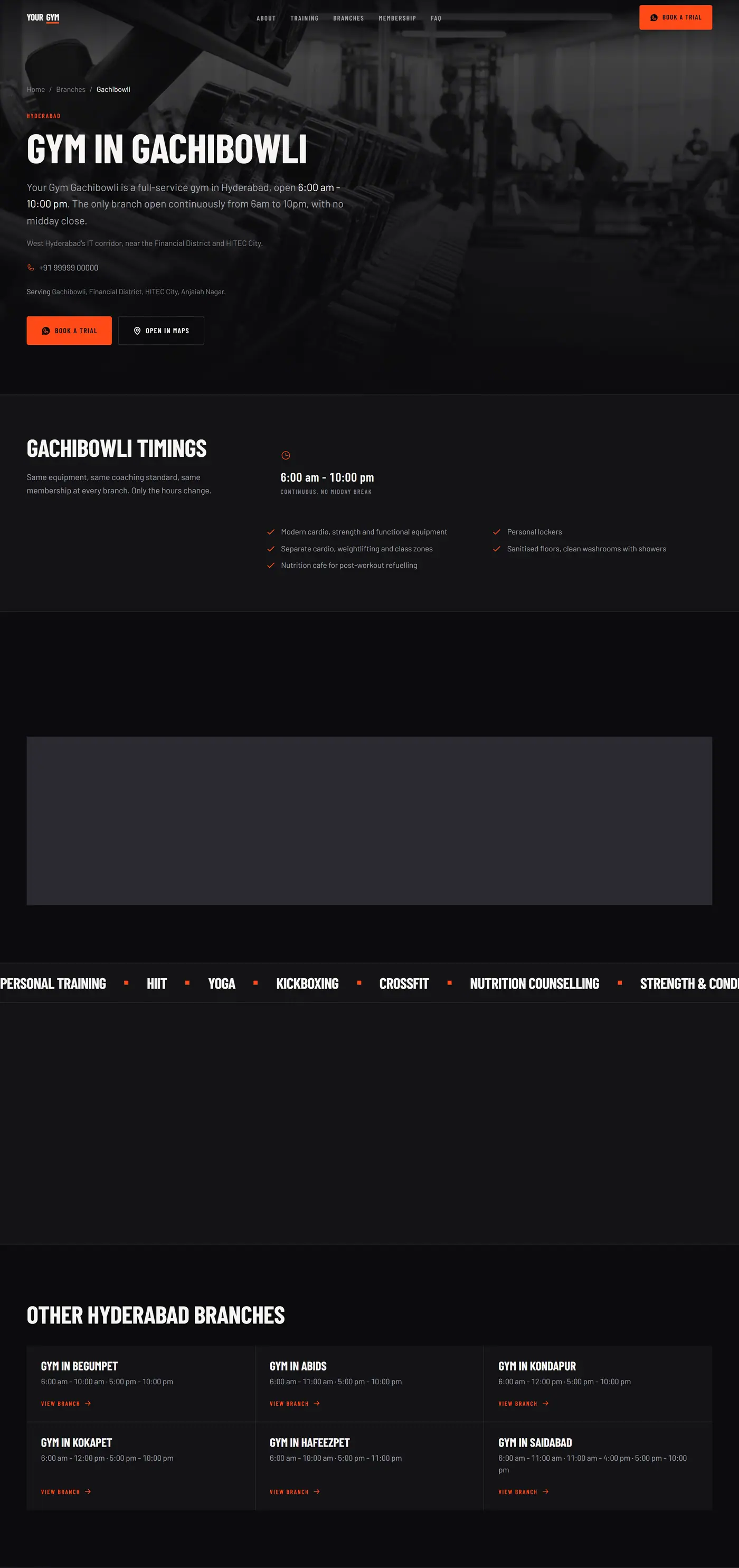 A single branch page, with its own timings, contact details and location.