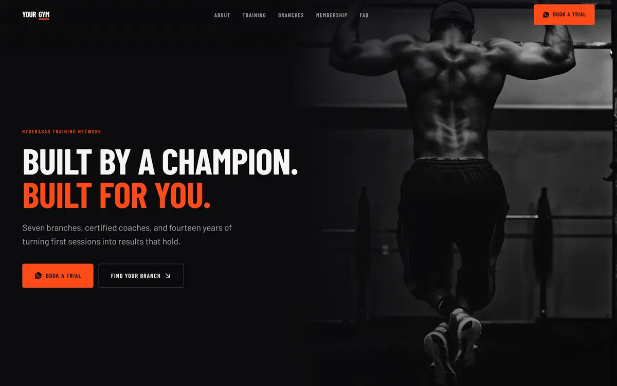 Multi-branch gym concept, the top of the page as a visitor first sees it.