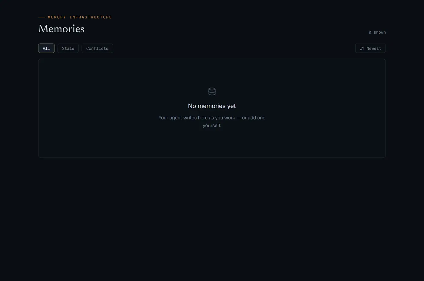 The dashboard memory list, with filters for all, stale and conflicting memories.
