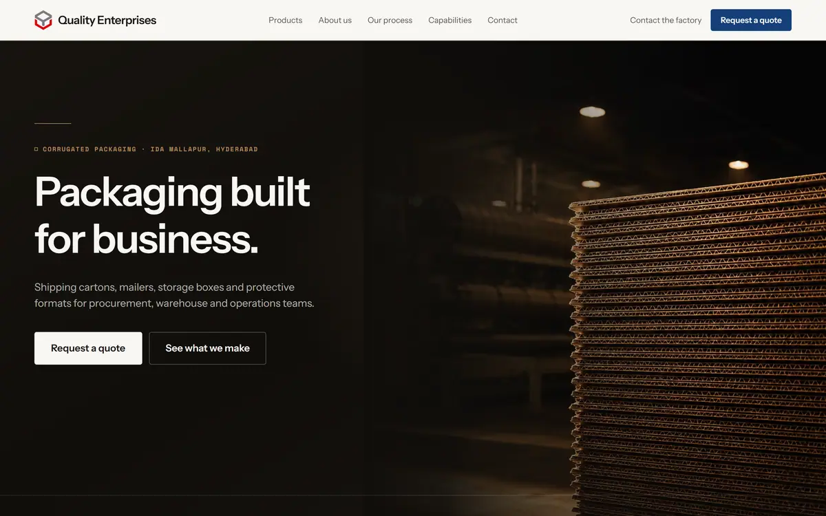 Quality Enterprises, the top of the page as a visitor first sees it.
