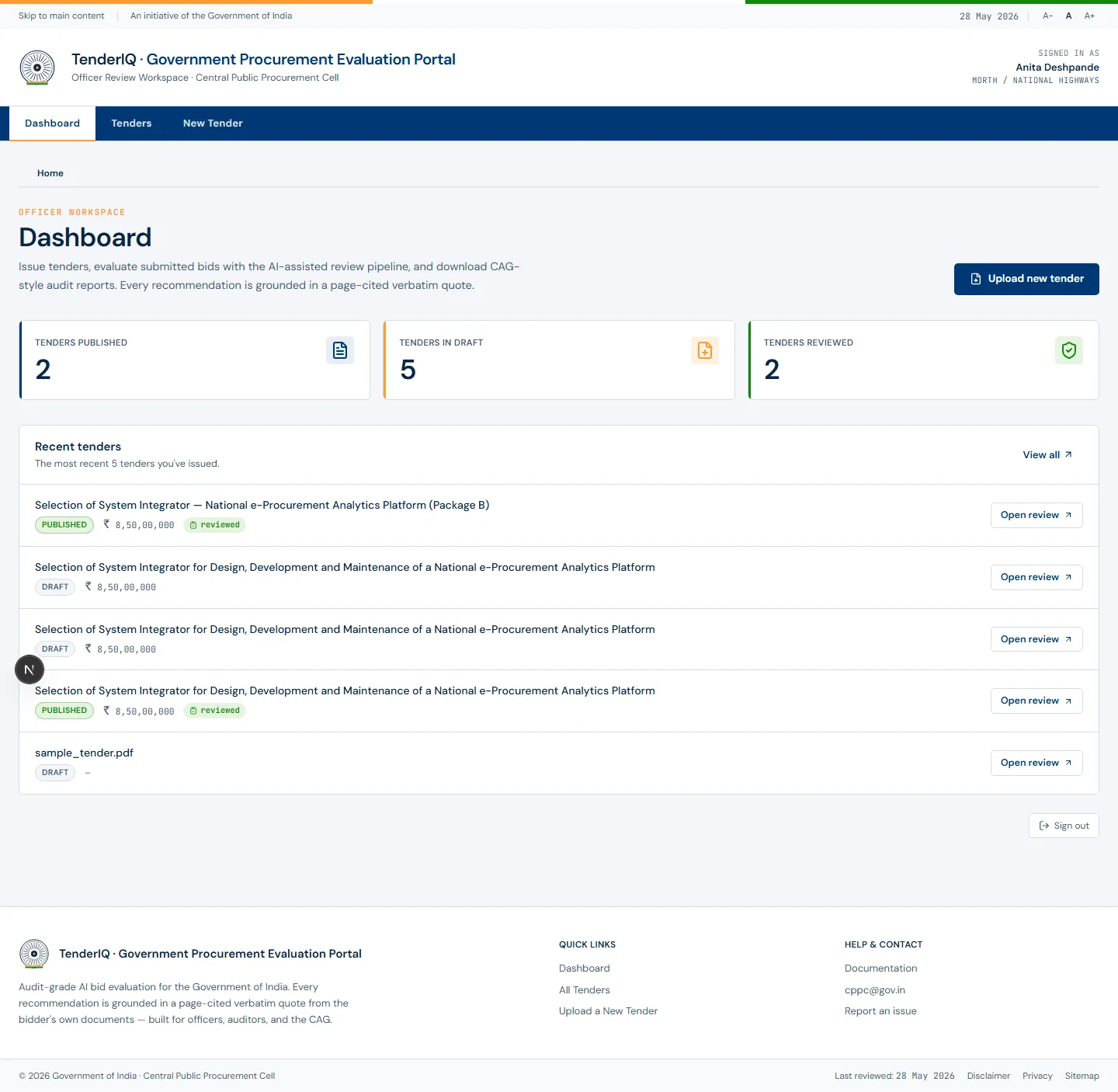 A review dashboard counting items published, in draft and reviewed, above a recent list.