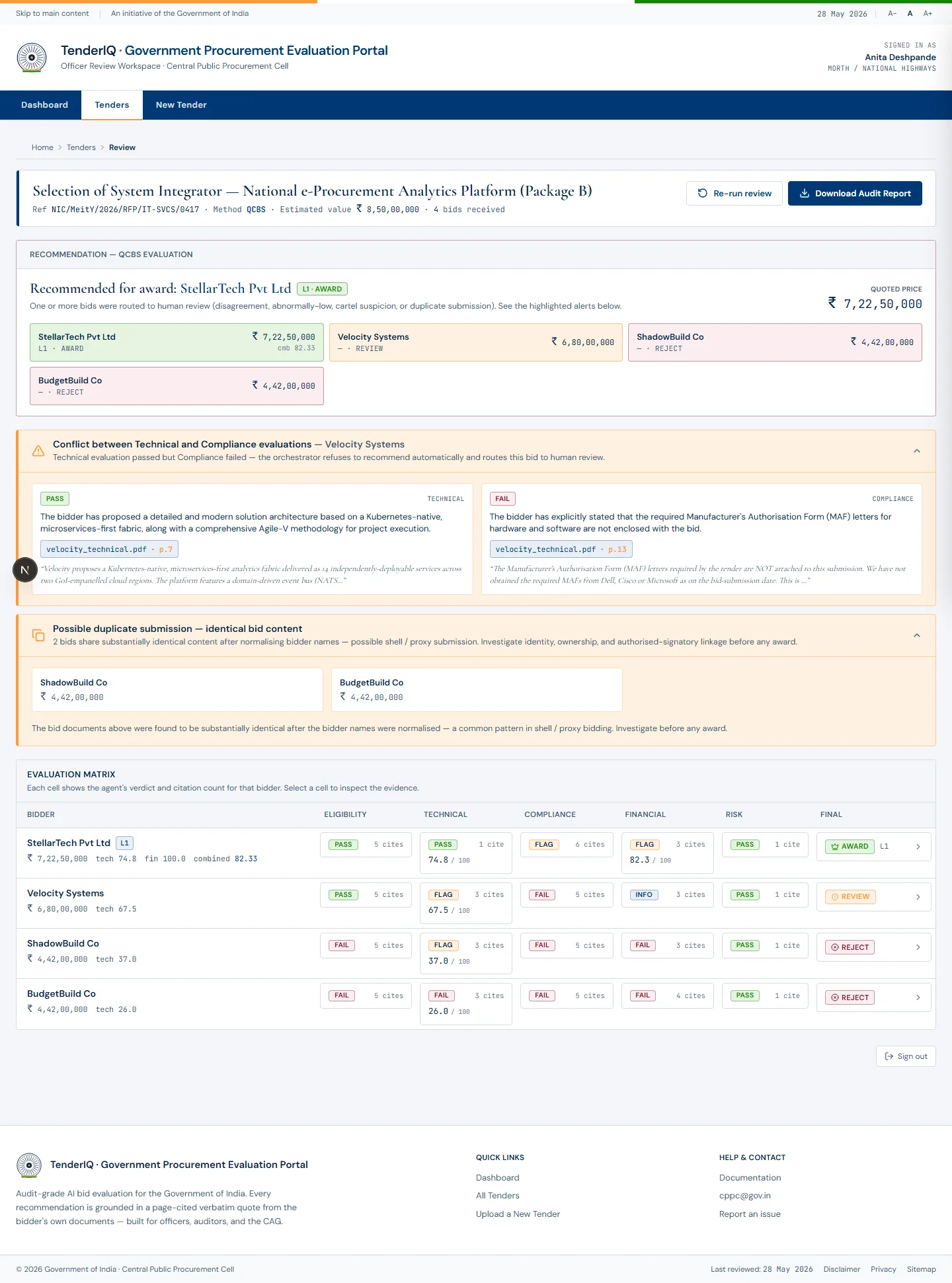 The TenderIQ officer review screen, showing the evidence and decision trail behind a recommendation.