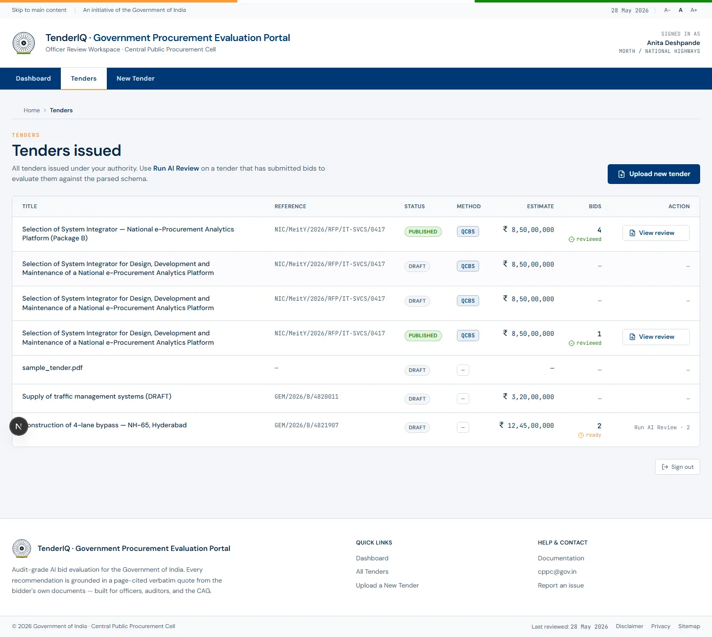 The TenderIQ tenders view, listing submissions moving through the evaluation pipeline.