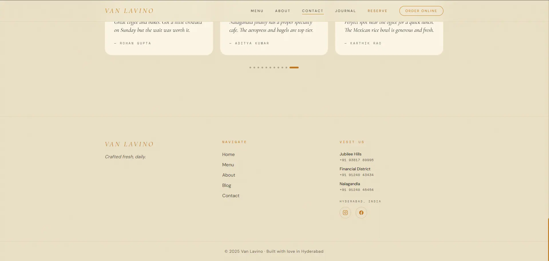 The site footer, with navigation, each branch's phone number and social links.