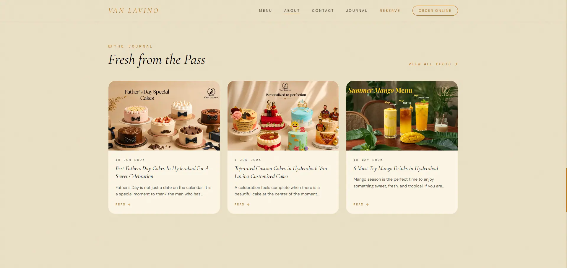 The journal section, with three posts on celebration cakes and summer mango drinks.
