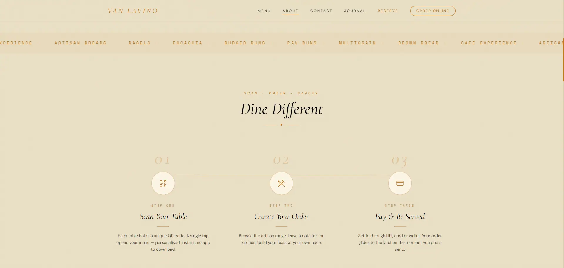 The Dine Different section, explaining the three steps: scan the table's QR code, build the order, then pay and be served.